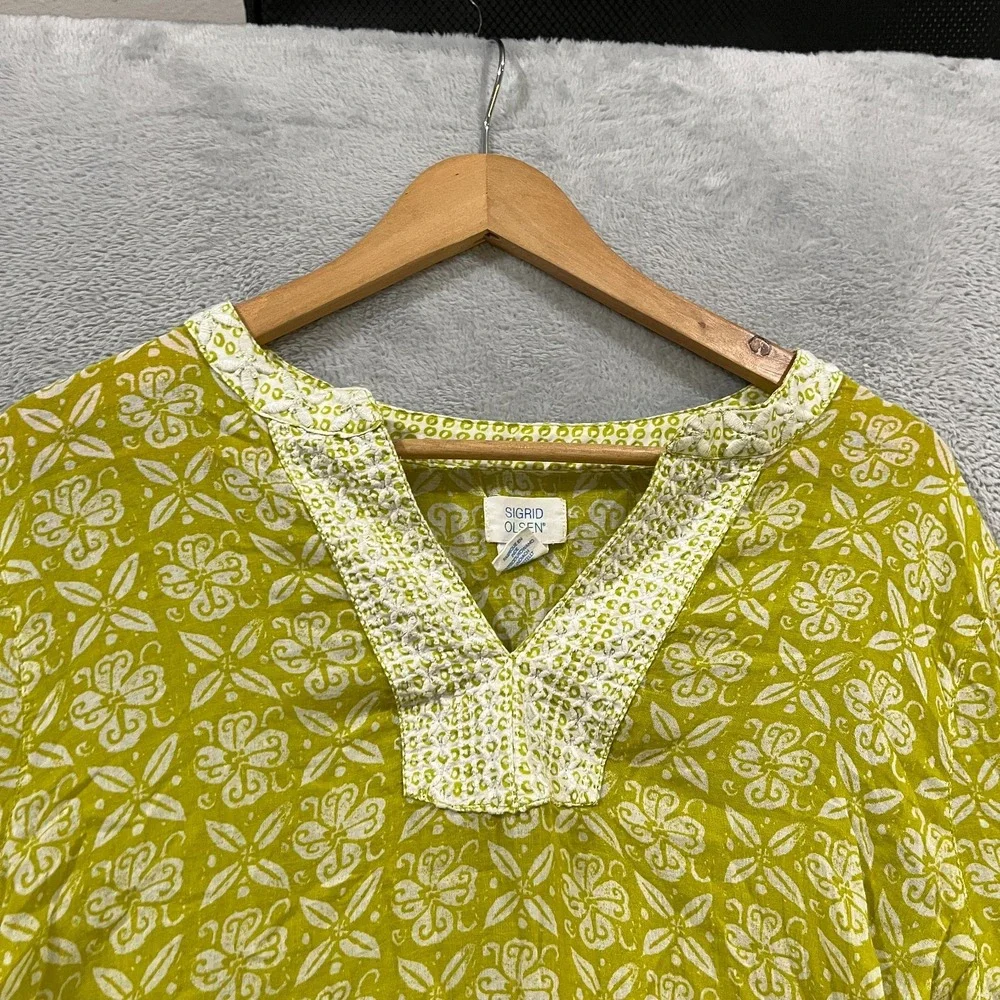 Sigrid Olsen Blouse Womens XL Embroidered Tunic Top 3/4 Sleeve Lime Boho - Picture 4 of 8